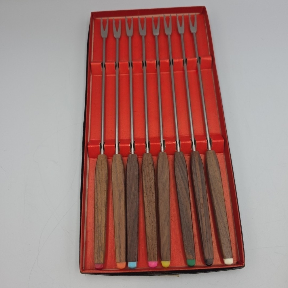 Vintage Fondue Forks Set of 8 Stainless Steel Wood Handle Colored Tips Japan MCM
